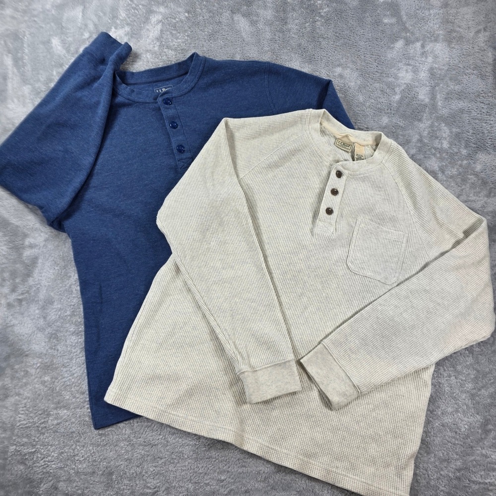 LL Bean Waffle Knit Henley Shirt Blue Oatmeal Large Reg Cotton Thermal Bundle